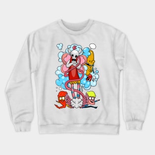 Vector hand drawn sketch illustration of  A cute monster and a friends  stood on a cloud with wings flying. Crewneck Sweatshirt